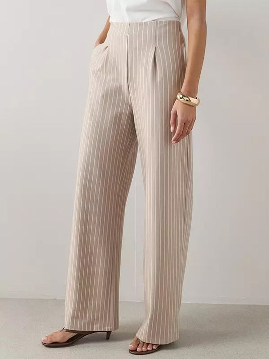 Pinstripe Pleat Detail Wide Leg Trouser Cream