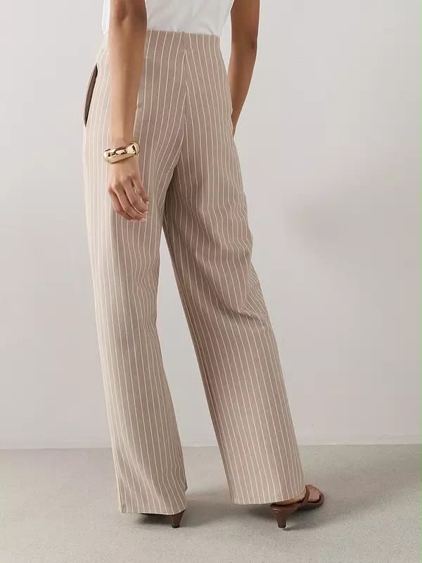 Pinstripe Pleat Detail Wide Leg Trouser Cream