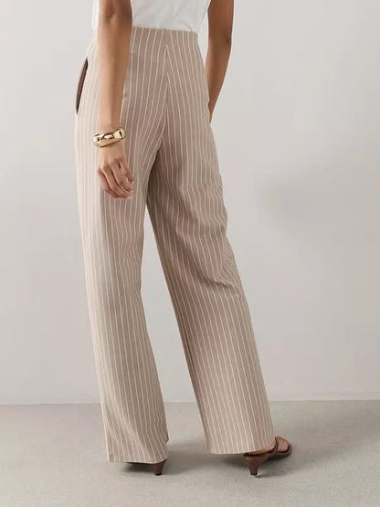 Pinstripe Pleat Detail Wide Leg Trouser Cream