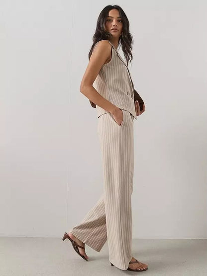 Pinstripe Pleat Detail Wide Leg Trouser Cream