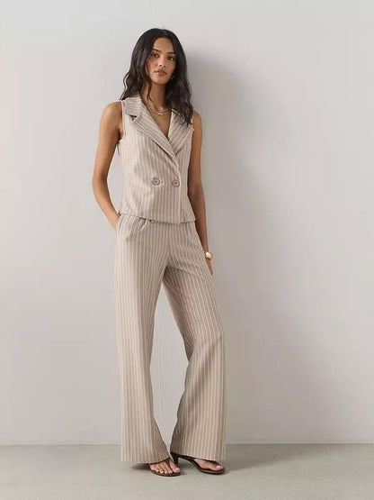 Pinstripe Pleat Detail Wide Leg Trouser Cream