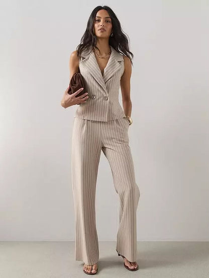 Pinstripe Pleat Detail Wide Leg Trouser Cream