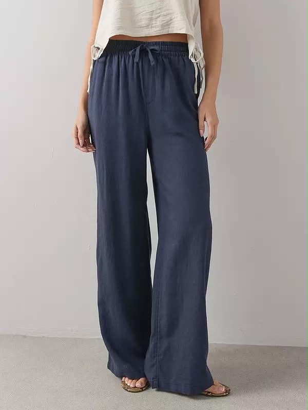 Linen Blend Wide Leg Trouser Navy
