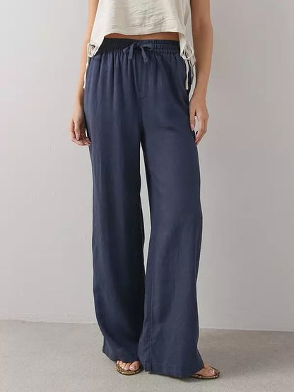 Linen Blend Wide Leg Trouser Navy