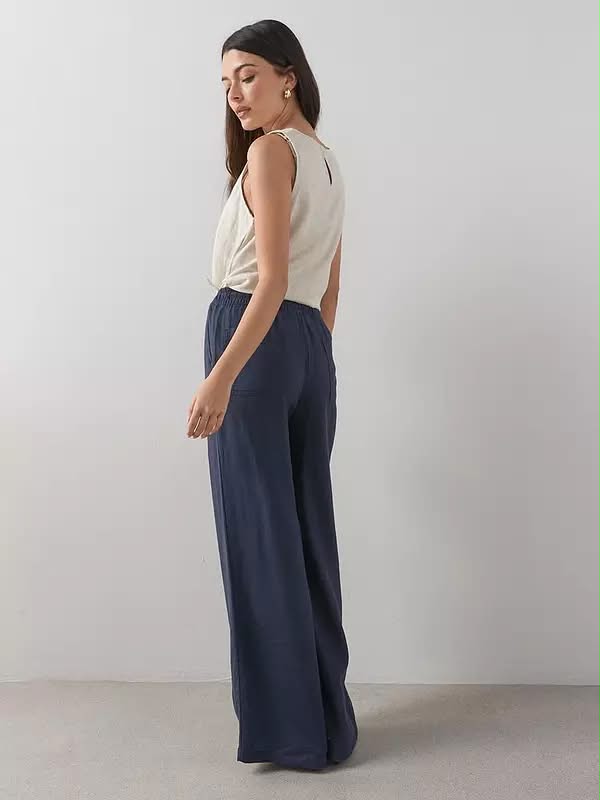 Linen Blend Wide Leg Trouser Navy