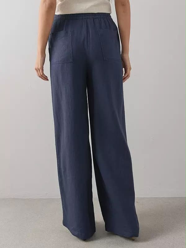 Linen Blend Wide Leg Trouser Navy