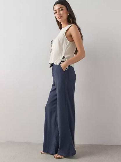 Linen Blend Wide Leg Trouser Navy