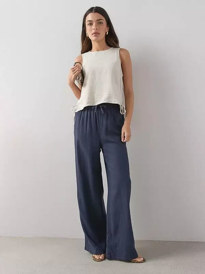 Linen Blend Wide Leg Trouser Navy