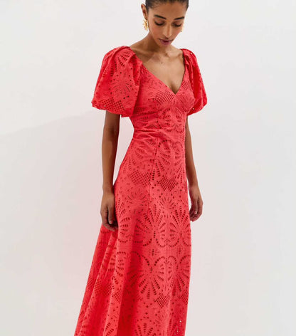 Dark Coral Cutwork Tie Back midi Dress