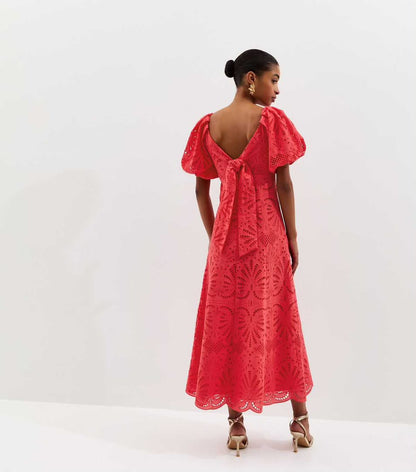 Dark Coral Cutwork Tie Back midi Dress