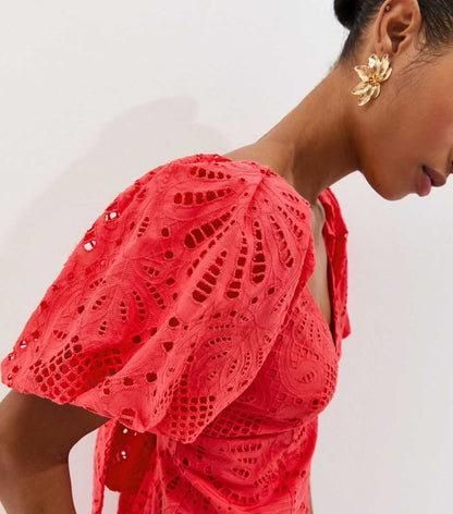 Dark Coral Cutwork Tie Back midi Dress