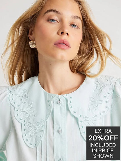 Long Sleeve Collar Blouse Blue