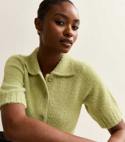 Light Green Fluffy Knit Short Sleeve Collared Cardigan