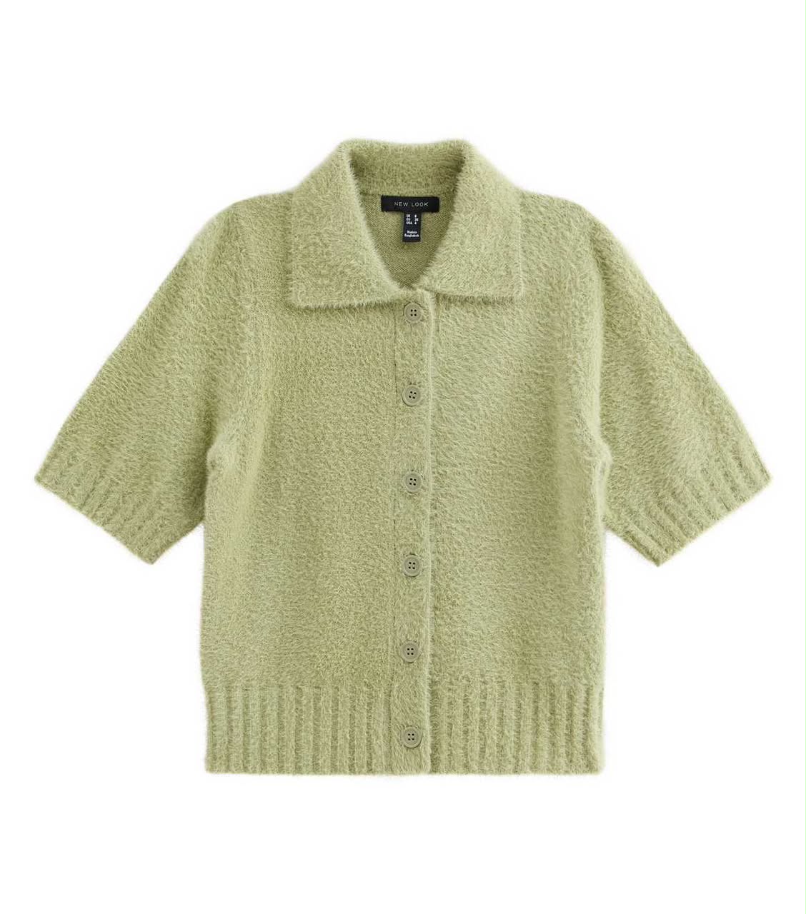 Light Green Fluffy Knit Short Sleeve Collared Cardigan