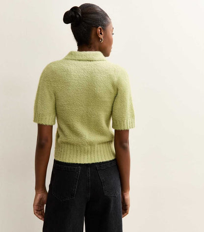 Light Green Fluffy Knit Short Sleeve Collared Cardigan