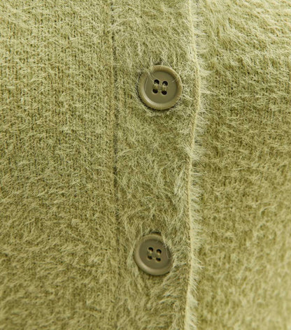 Light Green Fluffy Knit Short Sleeve Collared Cardigan