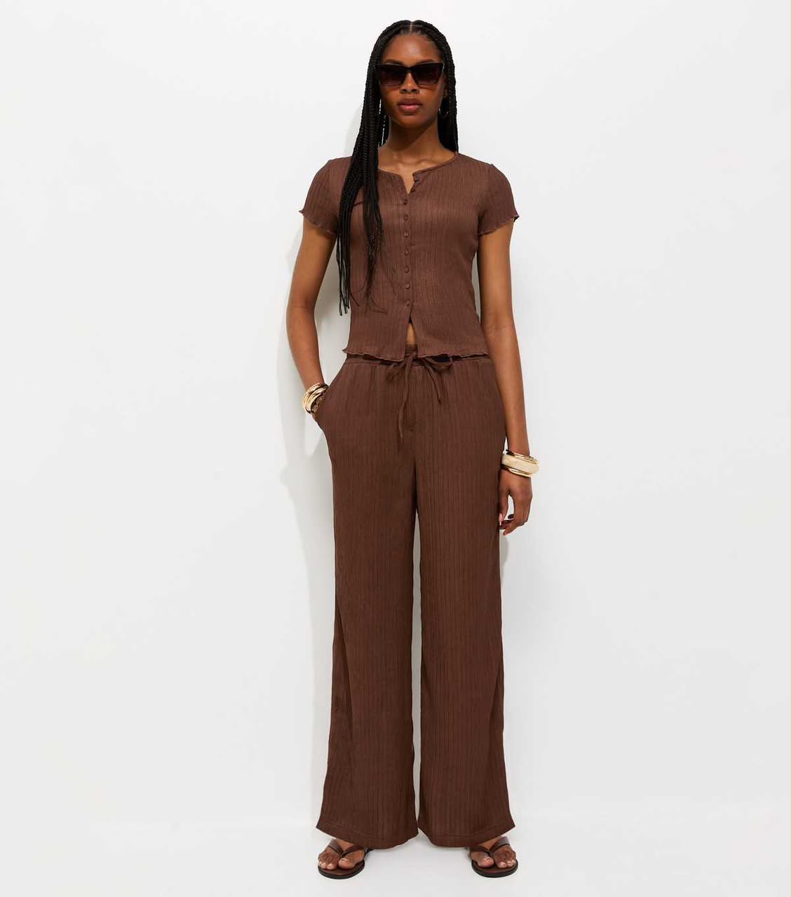 Brown Textured Jersey Wide Leg Trouser