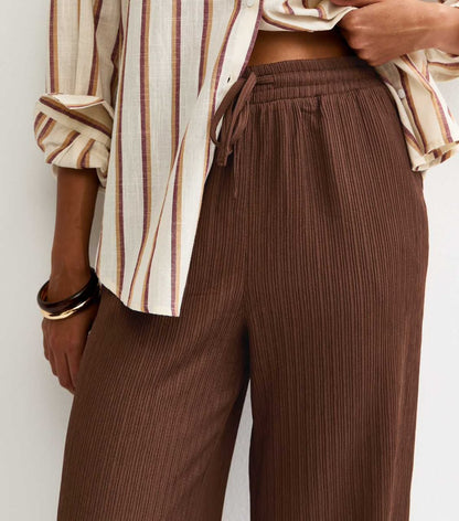 Brown Textured Jersey Wide Leg Trouser