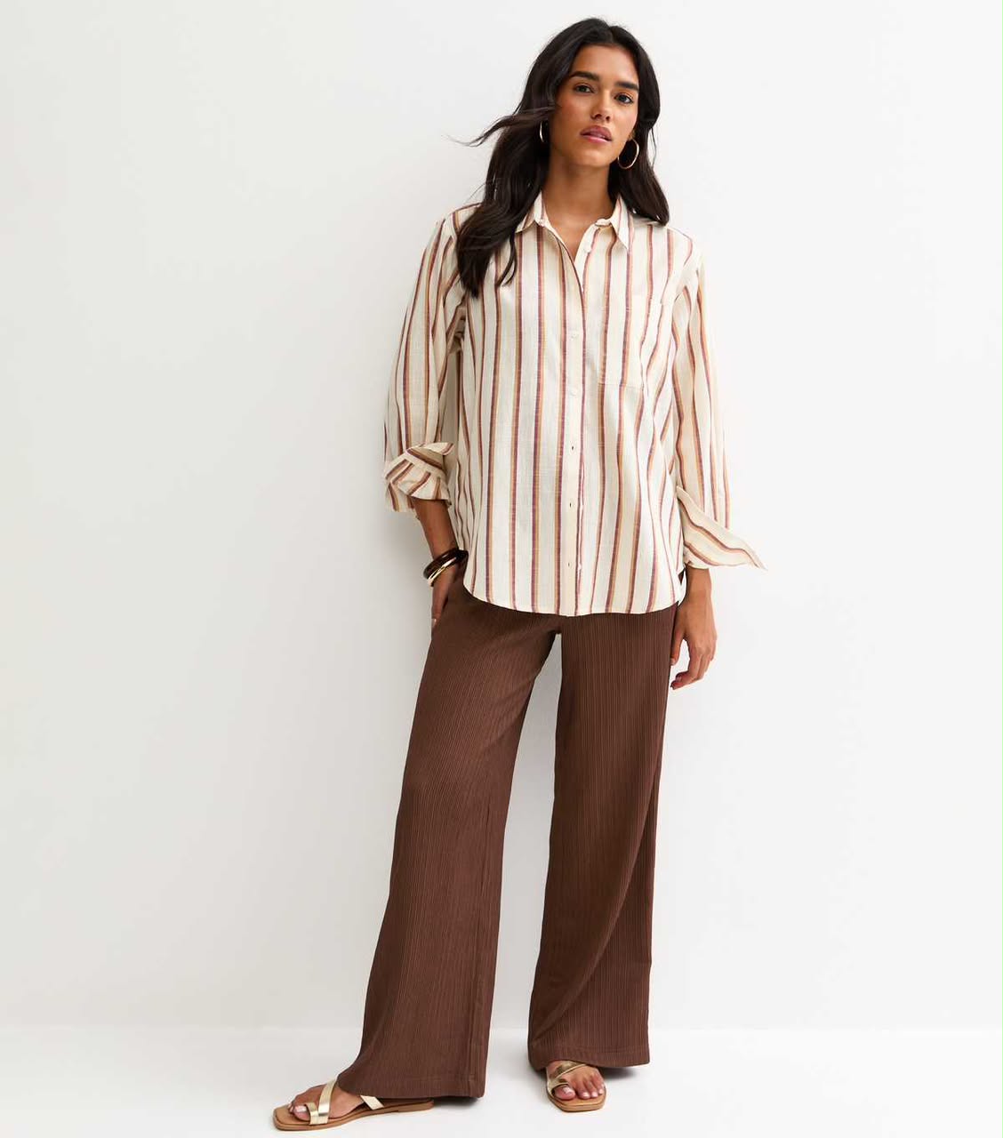 Brown Textured Jersey Wide Leg Trouser