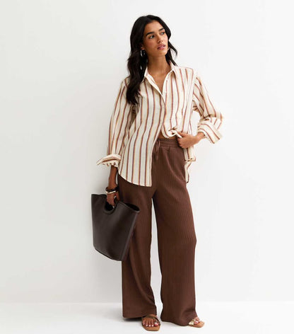 Brown Textured Jersey Wide Leg Trouser