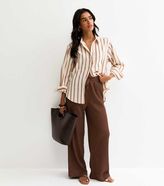 Brown Textured Jersey Wide Leg Trouser
