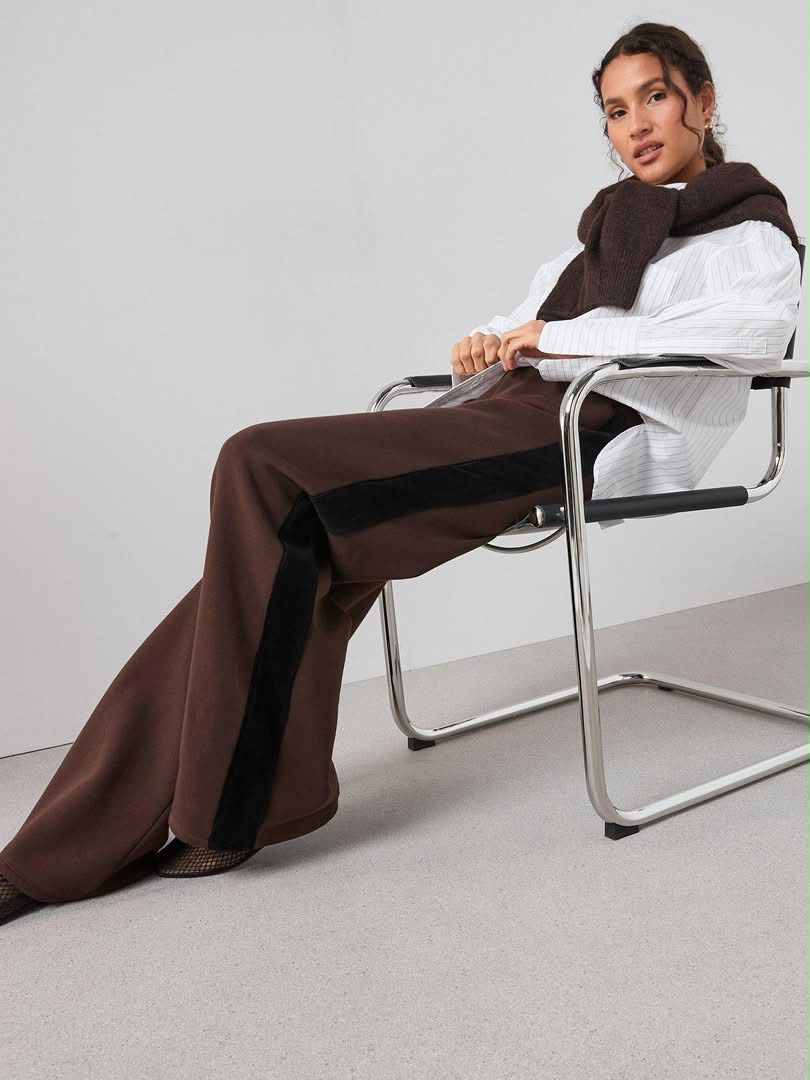 Brown Cord Trim Wide Leg Joggers Co-Ord