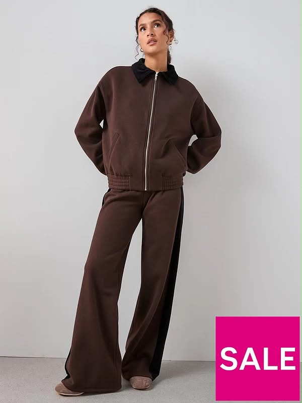 Brown Cord Trim Wide Leg Joggers Co-Ord