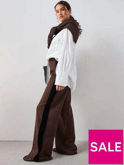 Brown Cord Trim Wide Leg Joggers Co-Ord