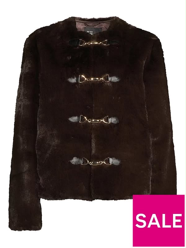 Faux Fur Collarless Jacket With Buckle Detail