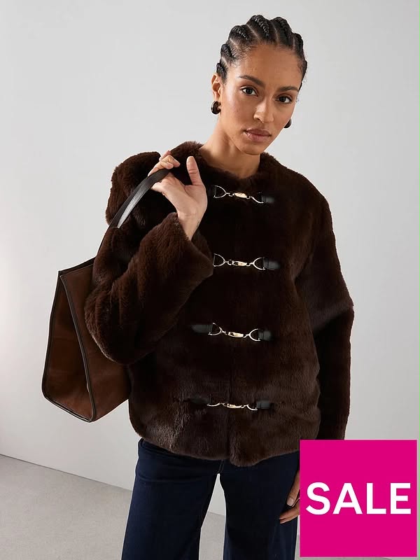 Faux Fur Collarless Jacket With Buckle Detail