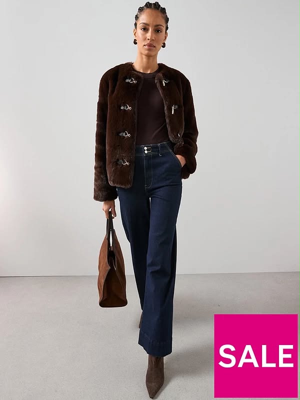 Faux Fur Collarless Jacket With Buckle Detail