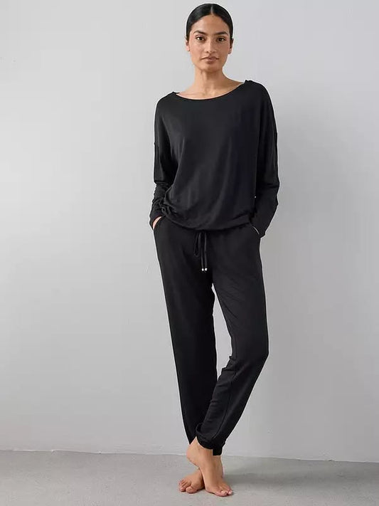 Slouchy Tie Front Top And Jogger Pyjamas Set Black