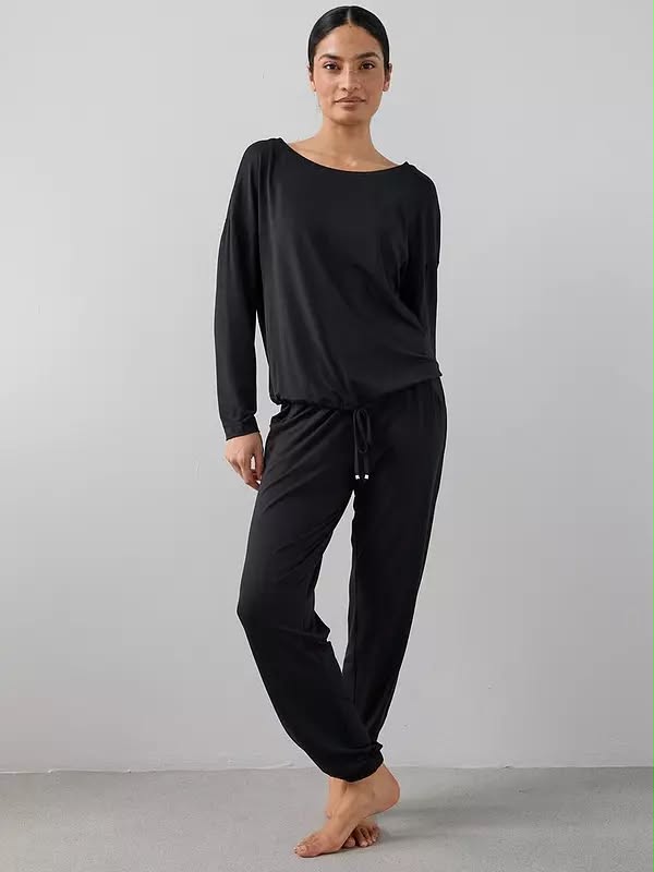 Slouchy Tie Front Top And Jogger Pyjamas Set Black