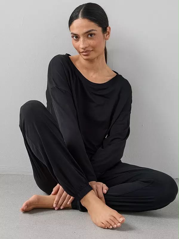 Slouchy Tie Front Top And Jogger Pyjamas Set Black