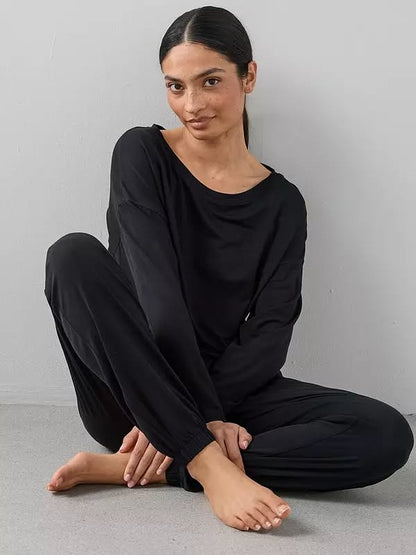 Slouchy Tie Front Top And Jogger Pyjamas Set Black