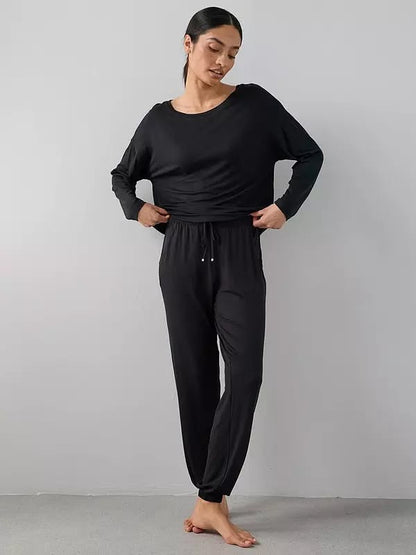 Slouchy Tie Front Top And Jogger Pyjamas Set Black