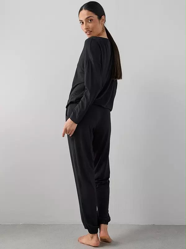 Slouchy Tie Front Top And Jogger Pyjamas Set Black