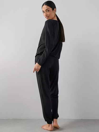 Slouchy Tie Front Top And Jogger Pyjamas Set Black