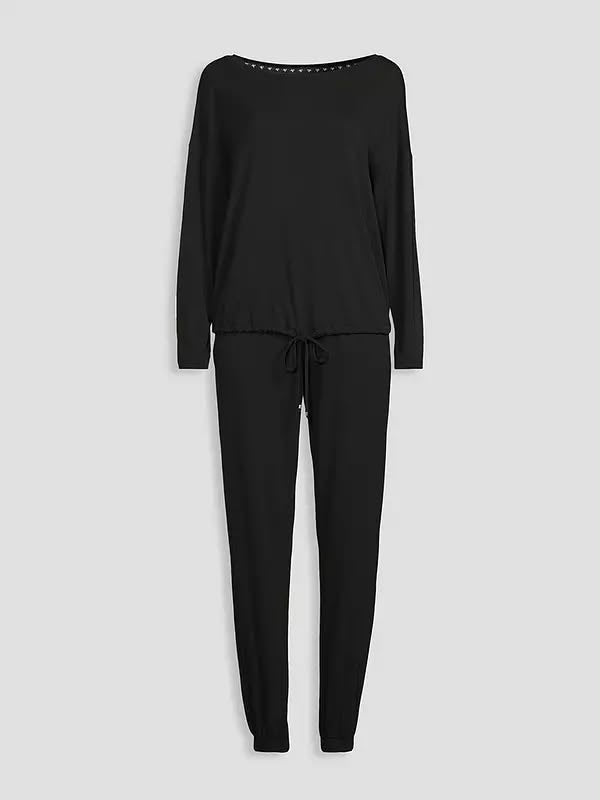Slouchy Tie Front Top And Jogger Pyjamas Set Black