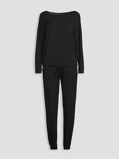 Slouchy Tie Front Top And Jogger Pyjamas Set Black