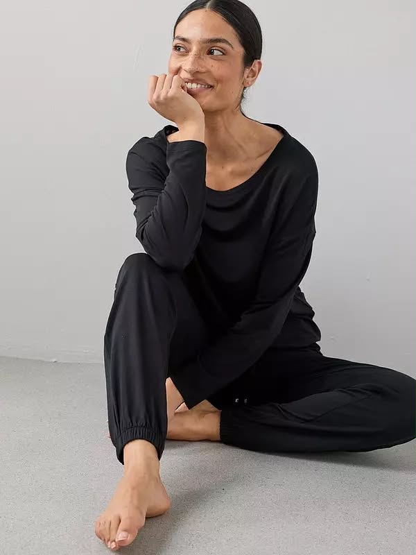 Slouchy Tie Front Top And Jogger Pyjamas Set Black