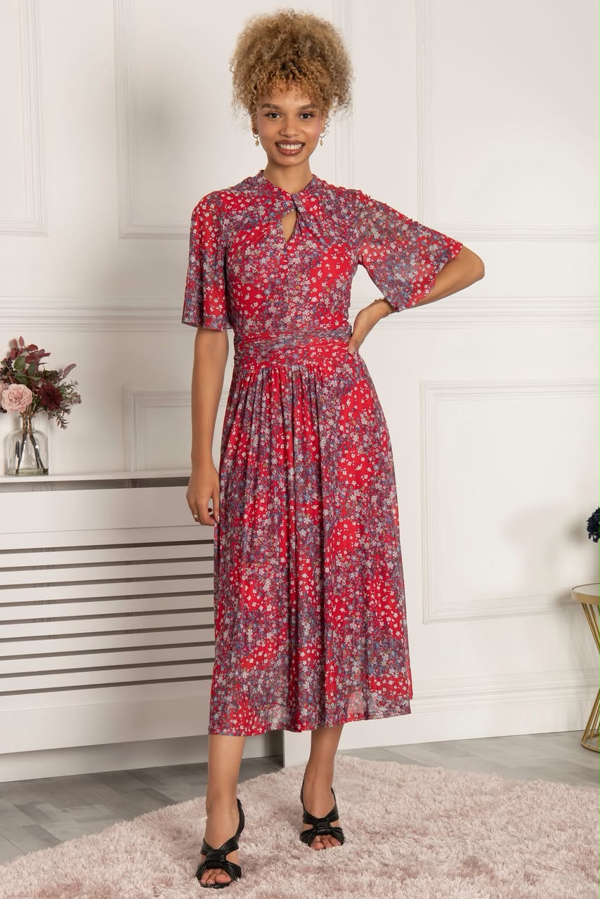 Tina Turtle Neck Mesh  Dress Red Floral