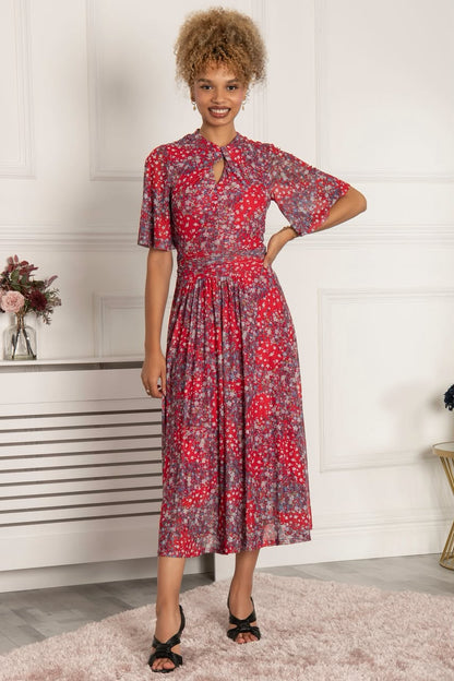 Tina Turtle Neck Mesh  Dress Red Floral