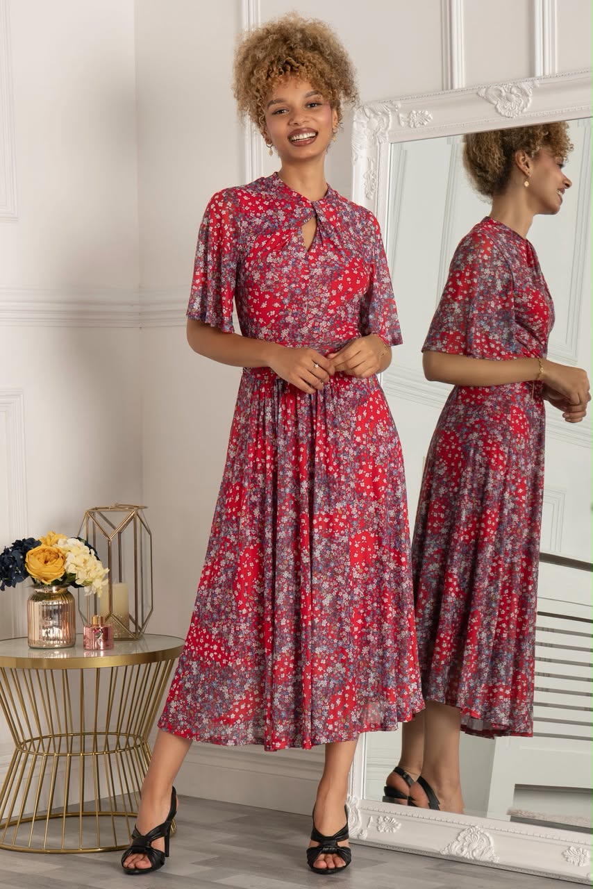 Tina Turtle Neck Mesh  Dress Red Floral