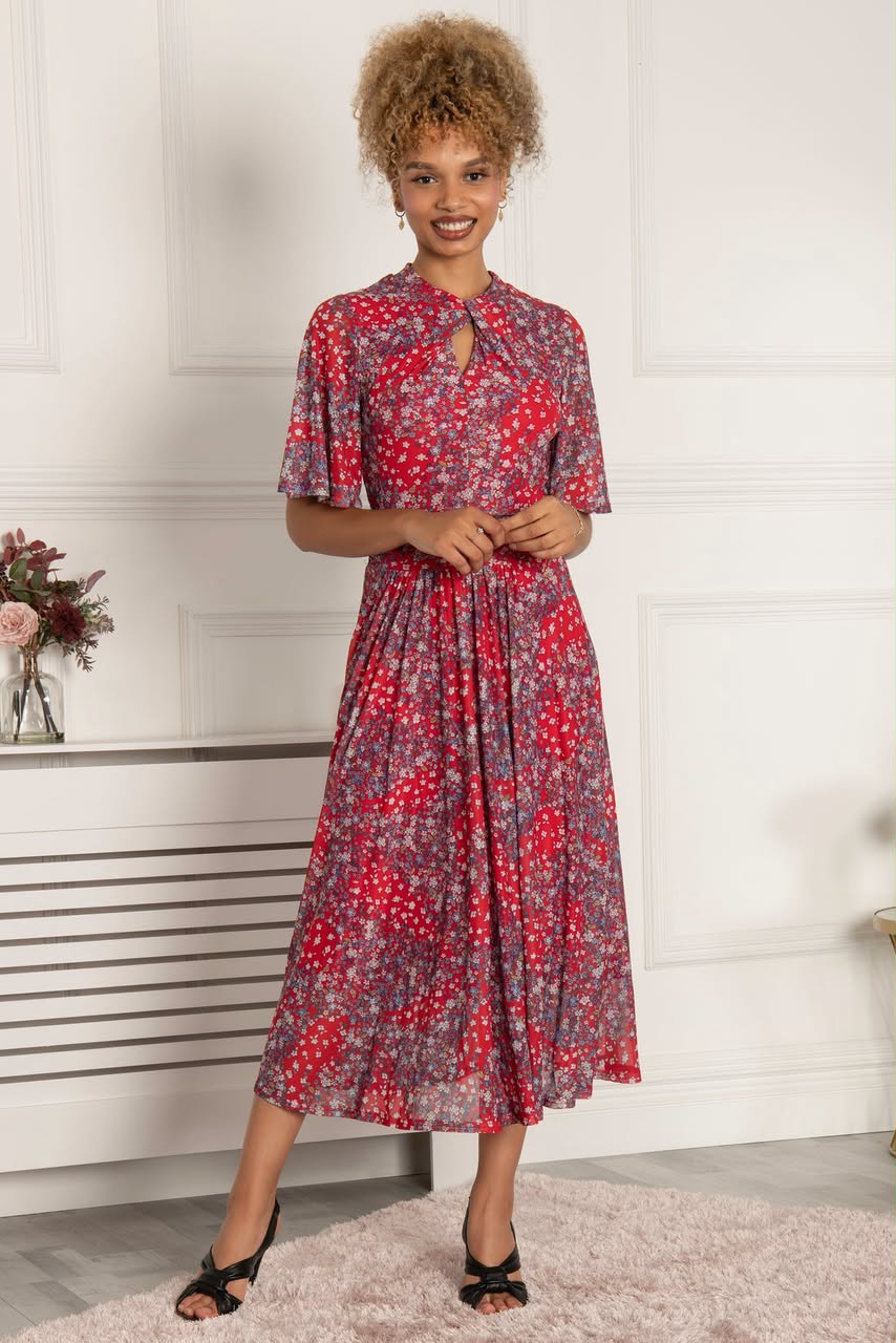 Tina Turtle Neck Mesh  Dress Red Floral
