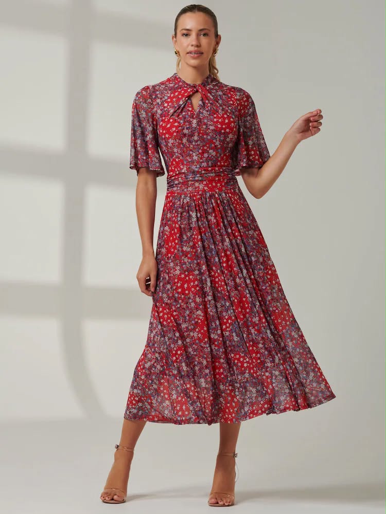 Tina Turtle Neck Mesh  Dress Red Floral