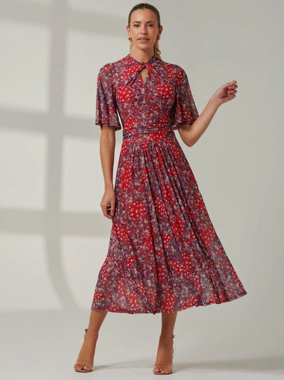 Tina Turtle Neck Mesh  Dress Red Floral