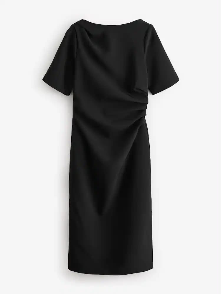 Black Ruched Short Sleeve Midi Dress