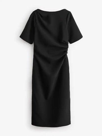 Black Ruched Short Sleeve Midi Dress