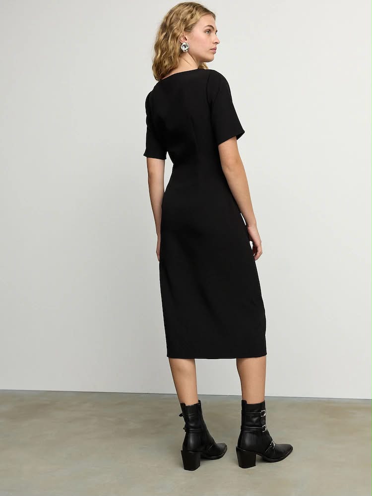 Black Ruched Short Sleeve Midi Dress